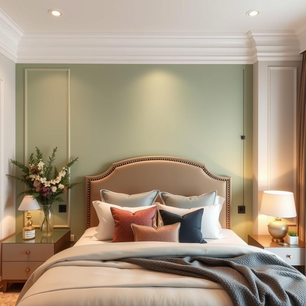 Green Accent Wall with Statement Headboard Green Accent Wall with Statement Headboard