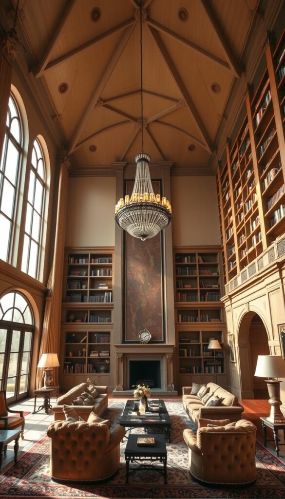 living room with high ceilings