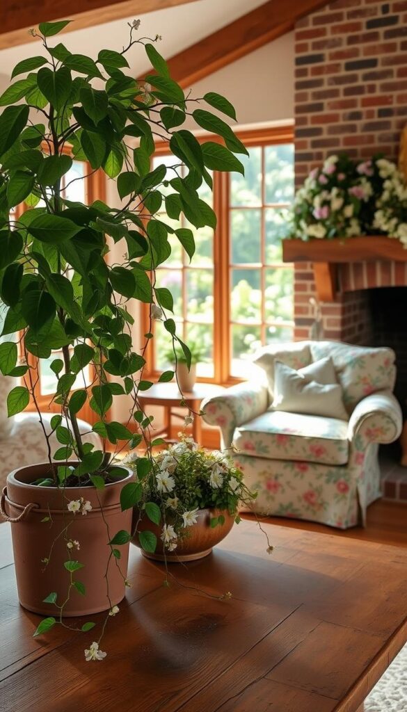 Botanical elements in cottagecore living room