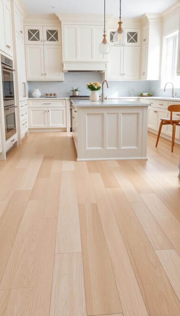 Flooring options for creamy white kitchen cabinets