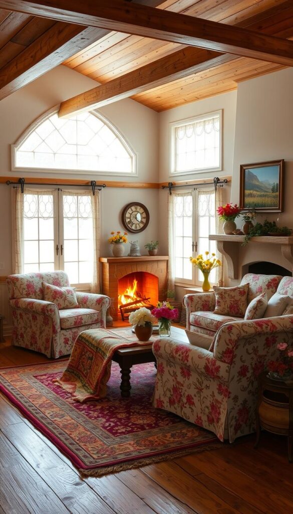 Seasonal cottagecore living room with floral arrangements
