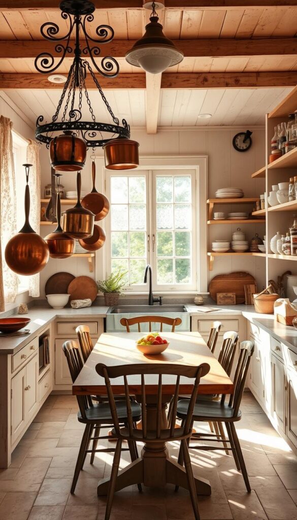 Vintage boho decor kitchen with hanging copper pots and open shelves