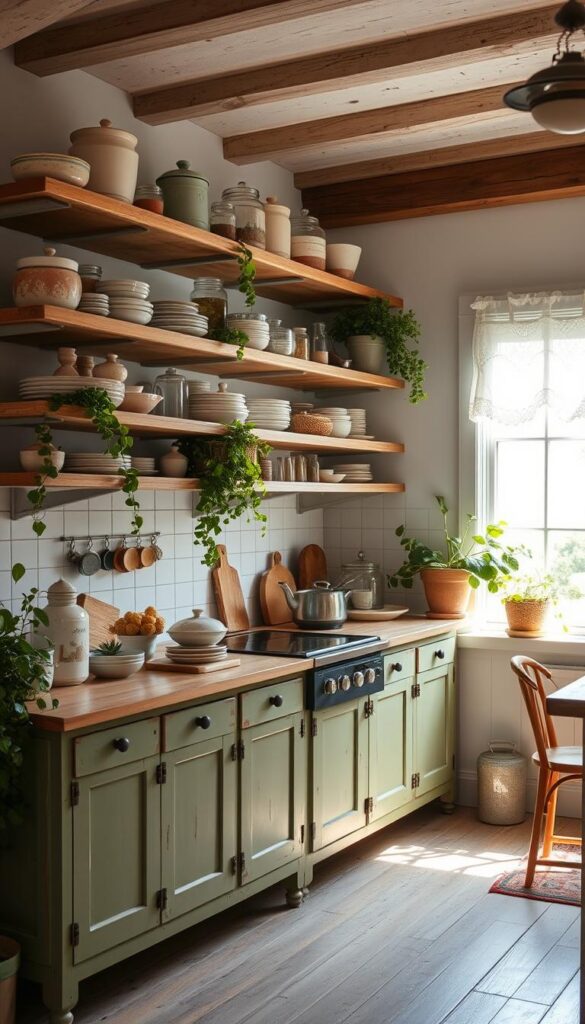 cottagecore kitchen cabinets with open shelving