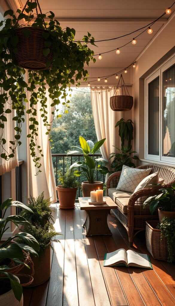 cozy balcony decor with plants and seating