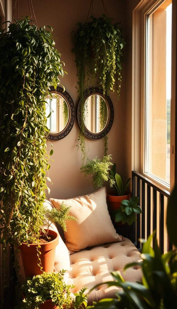 small balcony decor cozy with vertical plants and mirrors