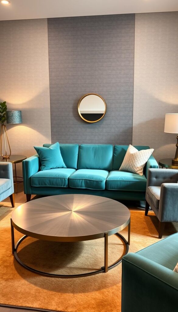 teal tan and grey living room