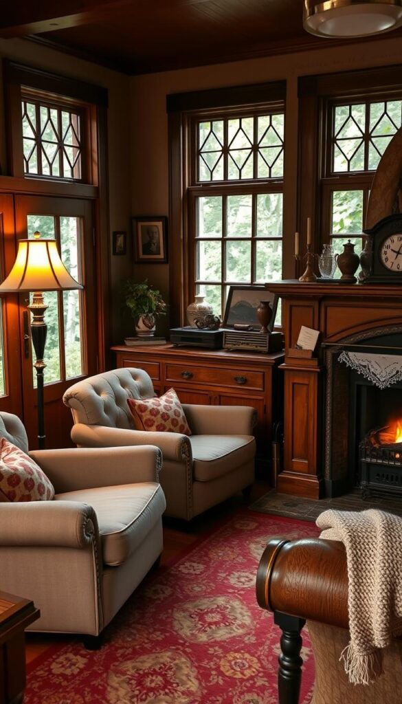 vintage living room decor items in a grandmacore house setting