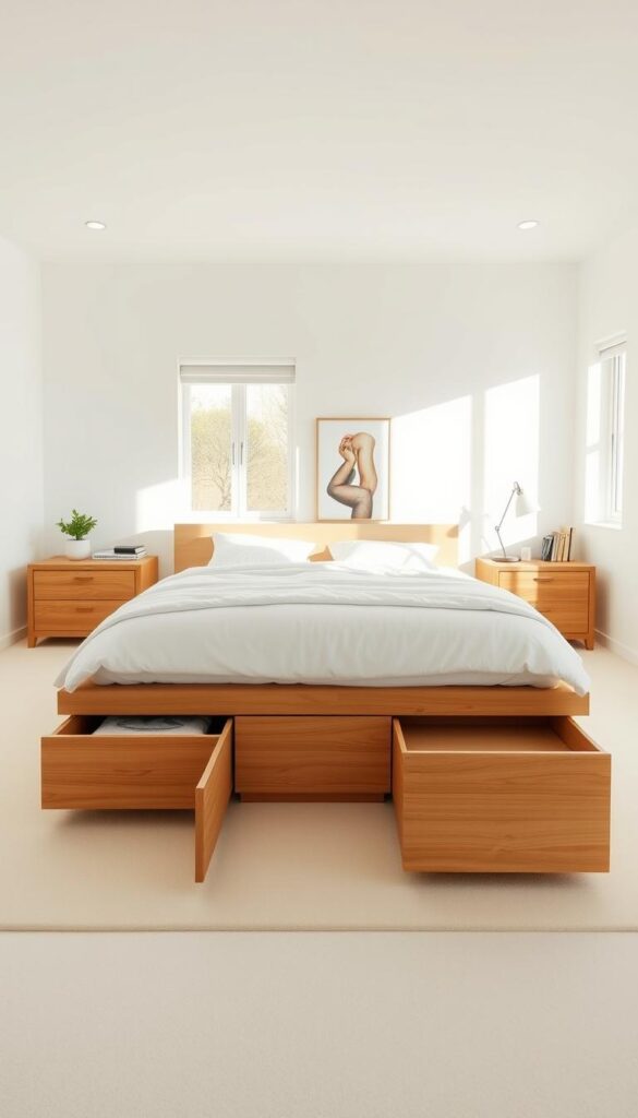 Clean room aesthetic with hidden storage solutions