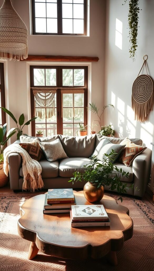 boho chic living room with grey couch