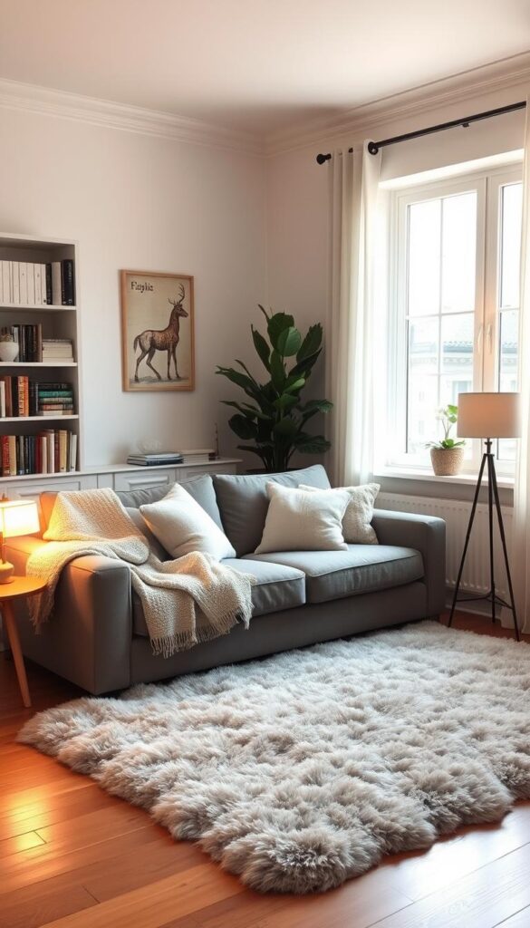 cozy small living room decor with grey couch