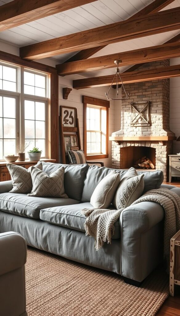 modern rustic grey couch in a farmhouse setting