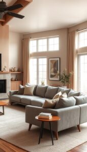 warm neutrals in a grey sofa living room