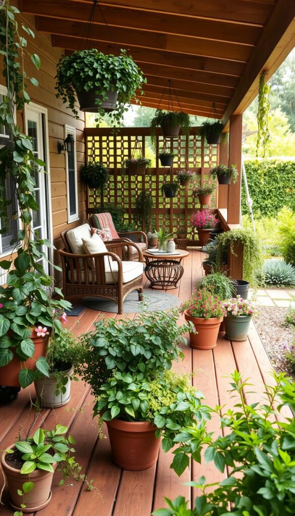backyard decks ideas with potted plants