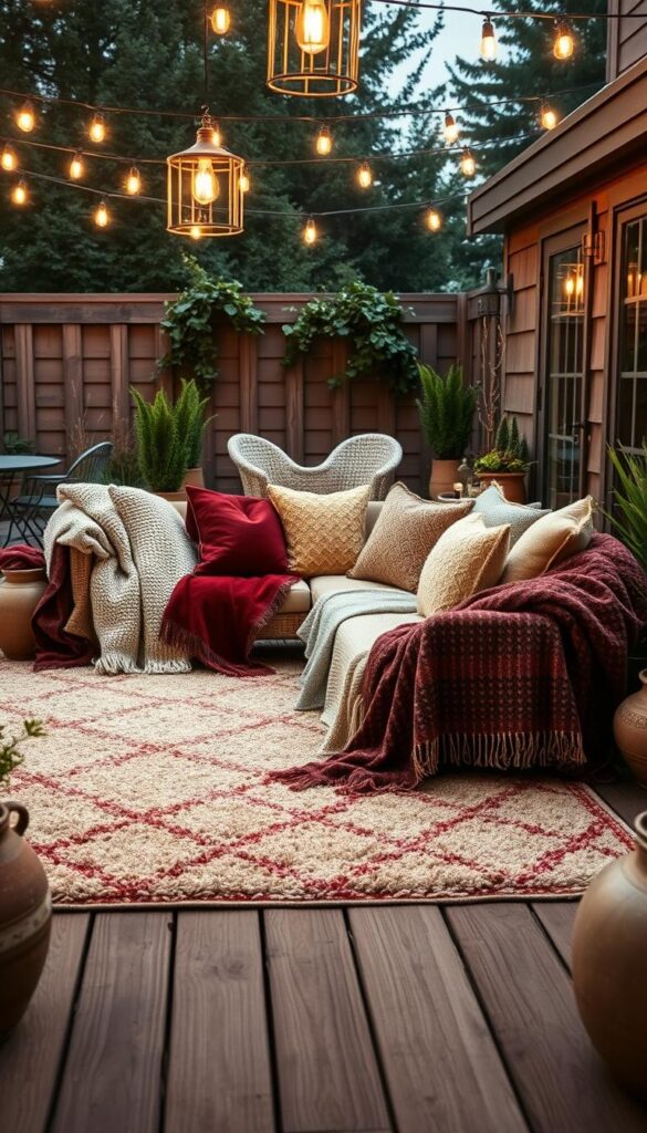 outdoor patio ideas with layered textiles