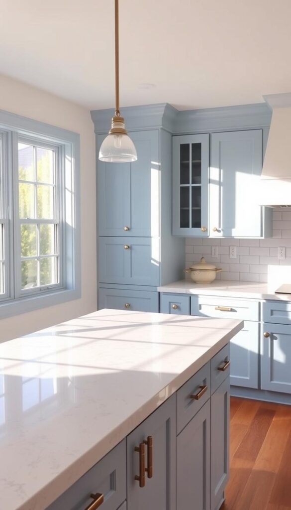 powdery blue kitchen cabinets